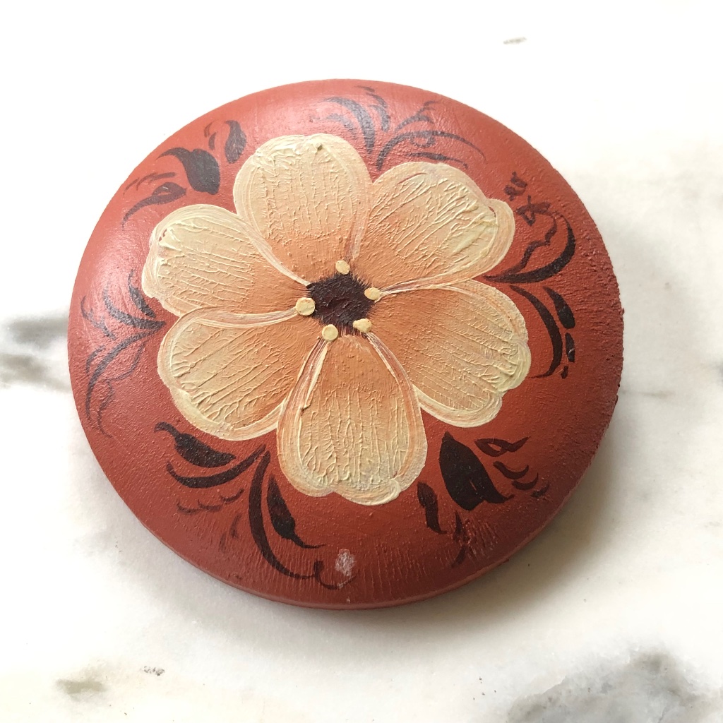 Vintage Brown Round Wooden Floral Pin Brooch Handmade Hand-Painted